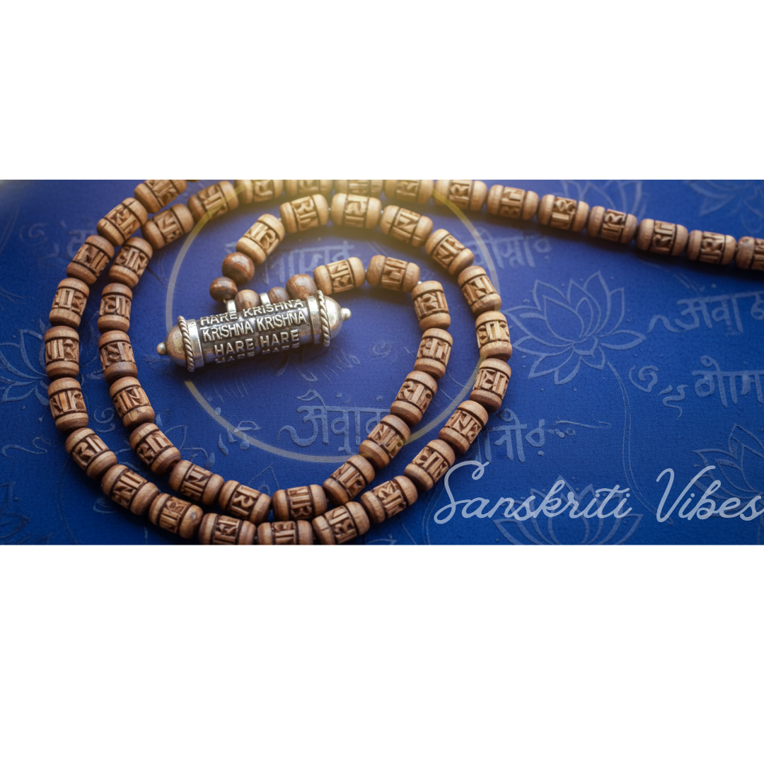 Sterling Silver Hare Krishna Maha Mantra Narshima Kavach Pendant with Radha Carved Tulsi Beads Mala – 20 Inch 92.5% Pure Silver - Retail Maharaj