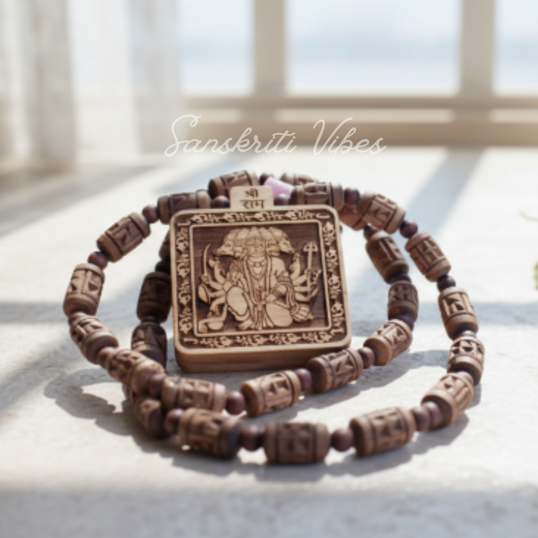 Panchmukhi Hanuman Ji with Shri Ram Carved Tulsi Mala | Sacred Tulsi Rosary for Protection, Devotion & Meditation - Retail Maharaj