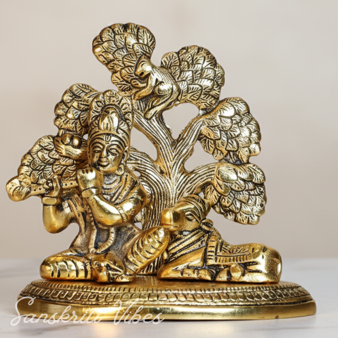 Metal Lord Krishna Playing Flute Sitting Under Tree with Cow Decorative Showpiece 13 cm