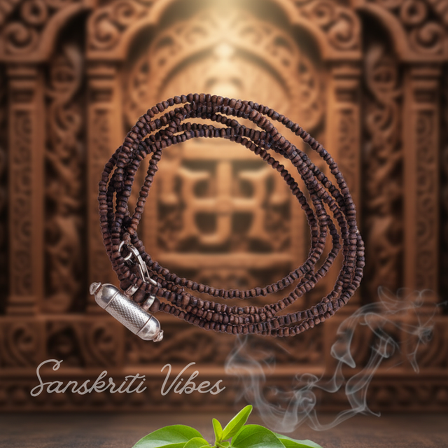 Three Round Shyma Kanthi Mala with Silver Narasimhadev Kavacha – 49 Inch 92.5% Pure Silver Tulsi Beads Spiritual Jewelry - Retail Maharaj
