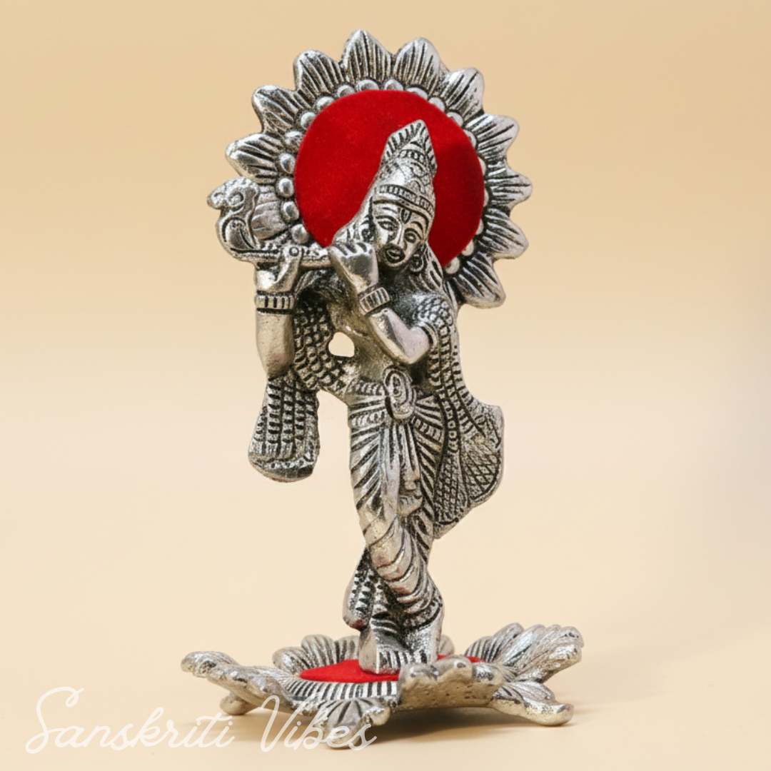 Silver Plated Laddu Krishna Playing Flute Metal Statue for Home and Office Decor Religious Showpiece Gift
