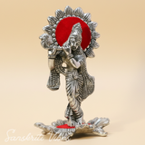 Silver Plated Laddu Krishna Playing Flute Metal Statue for Home and Office Decor Religious Showpiece Gift