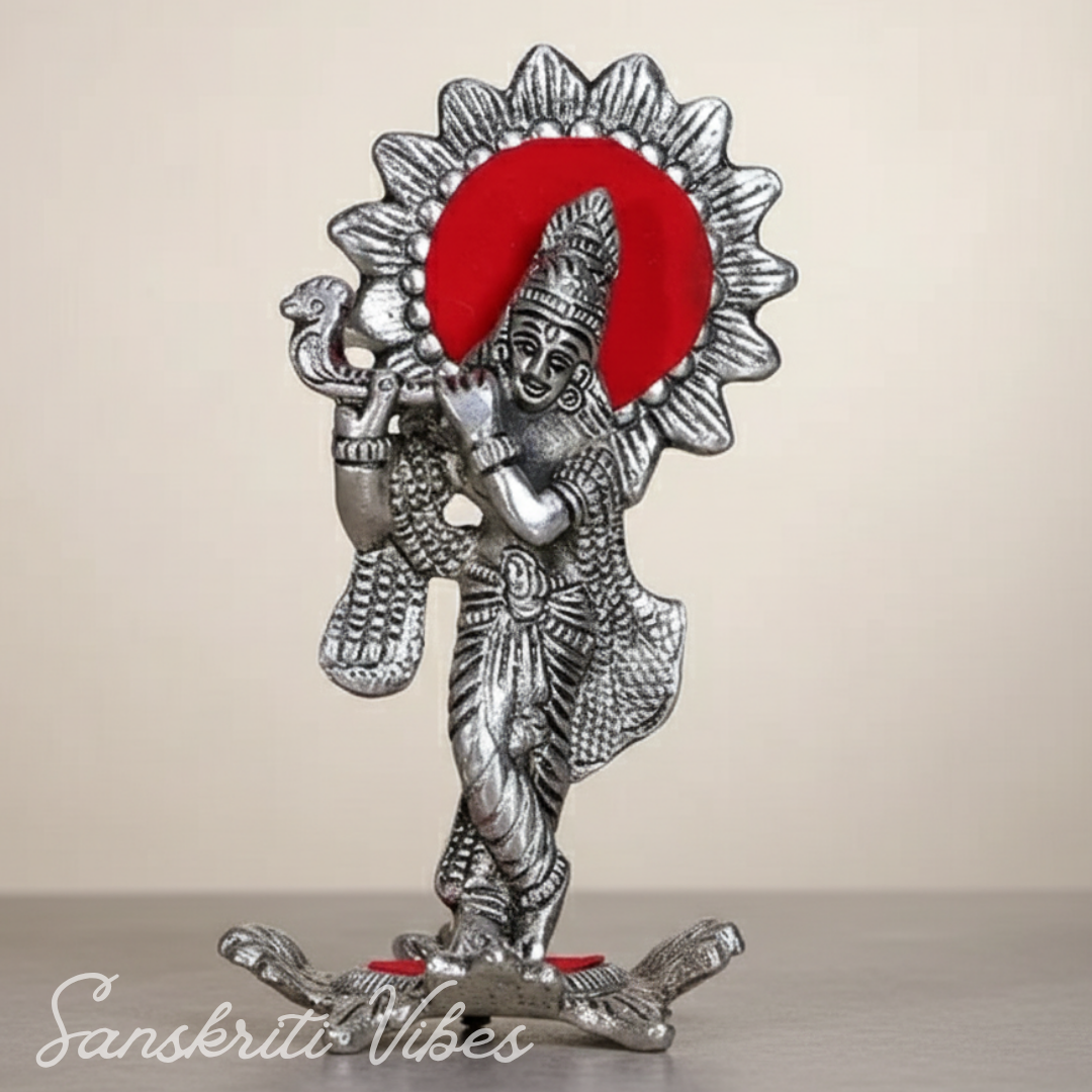Silver Plated Laddu Krishna Playing Flute Metal Statue for Home and Office Decor Religious Showpiece Gift