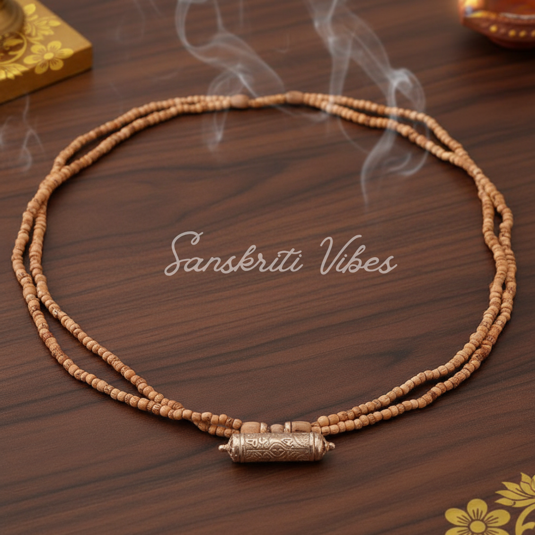 2 Layer Kanthi Mala with Silver Narasimhadev Kavacha – Handmade 92.5% Pure Silver Spiritual Jewelry