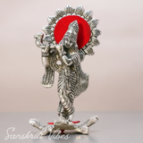Silver Plated Laddu Krishna Playing Flute Metal Statue for Home and Office Decor Religious Showpiece Gift