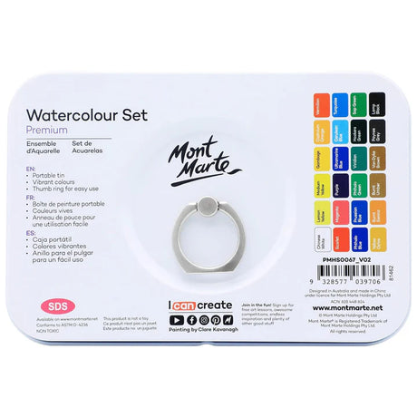 Mont Marte Premium Watercolor Cake Set 27 Piece 24 Colors 1 Water Brush 1 Sponge 4 Mixing Wells - Retail Maharaj