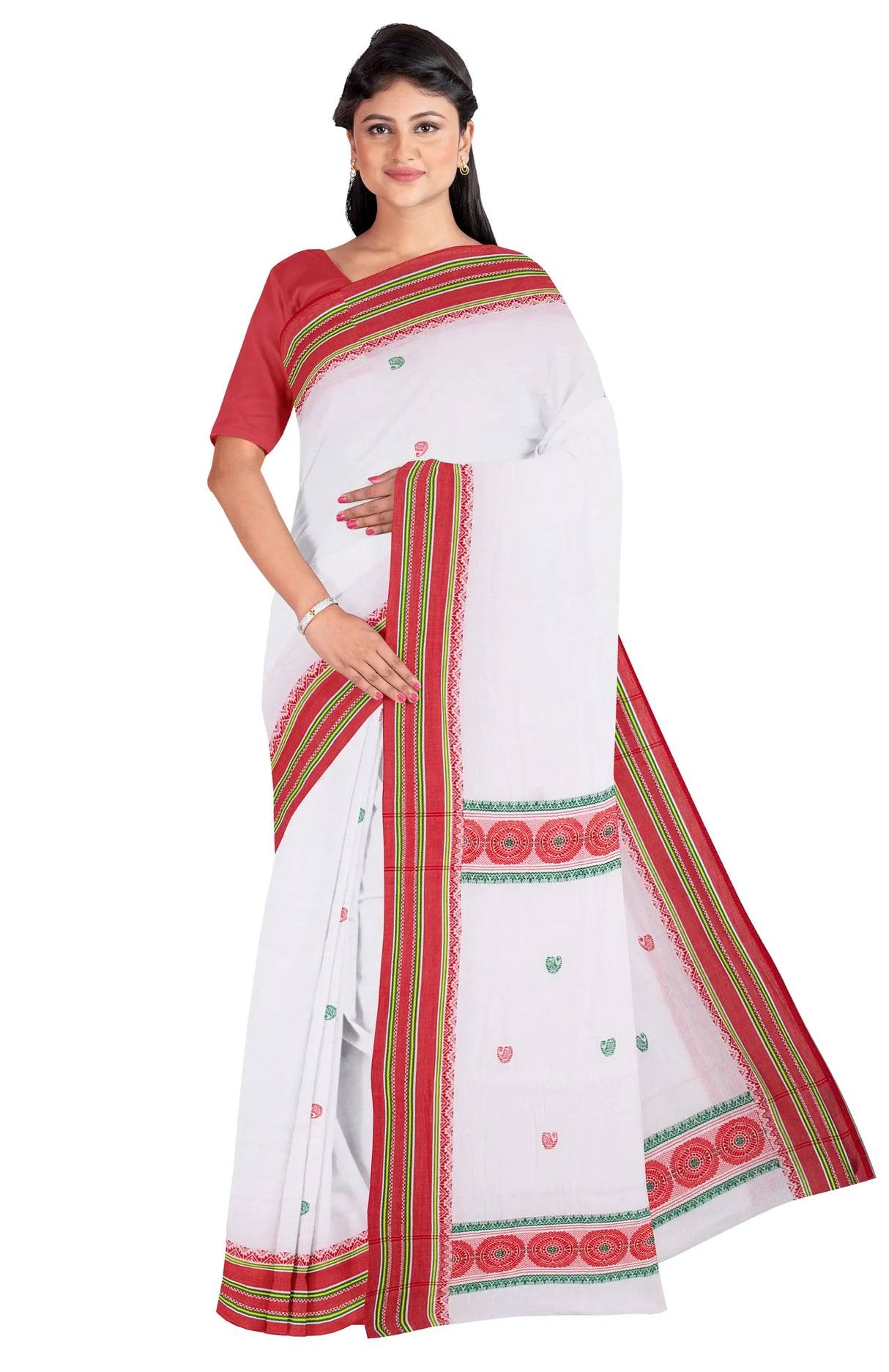Dokhna Cotton Saree – White and Red - Retail Maharaj