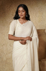 Handwoven Muslin Cotton Saree – Hand Embroidered in Ivory - Retail Maharaj