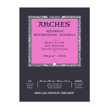 Arches Aquarelle Watercolour Hot Pressed Paper Pad Open Stock 12 Sheets - Retail Maharaj