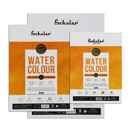 Scholar 100% Cotton Watercolour Hot Pressed Paper Loose Sheets 300 GSM – Smooth Surface - Retail Maharaj