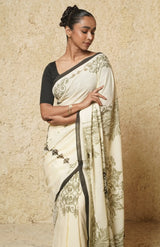 Handwoven Muslin Cotton Saree – Hand Block Printed with Olive - Retail Maharaj