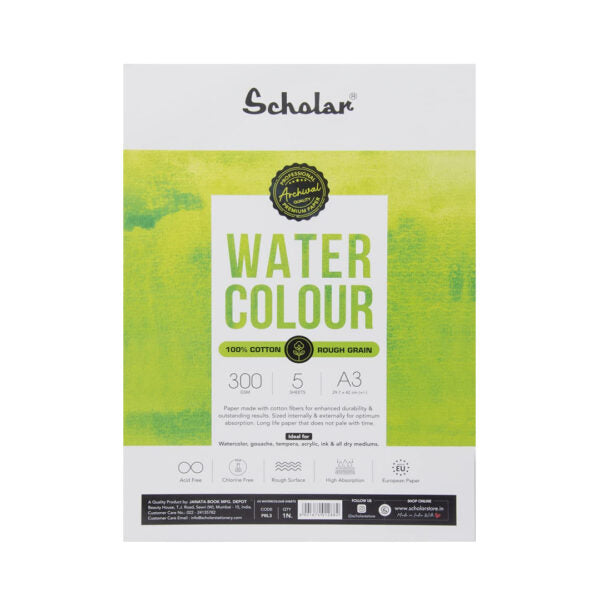 Scholar 100 Percent Cotton Rough Pressed Watercolour Paper Loose Sheets 300 GSM Artist Grade - Retail Maharaj