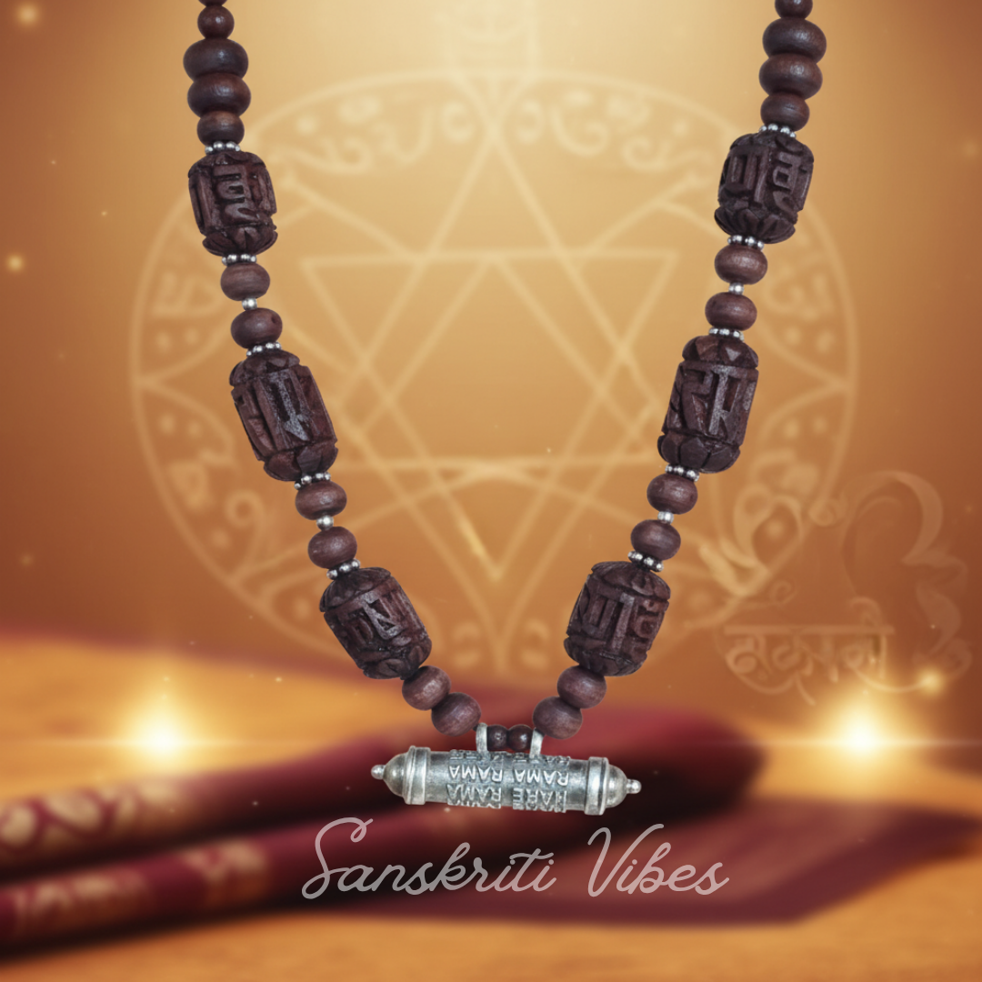 Sterling Silver Hare Krishna Maha Mantra Narshima Kavach with Ram Krishna Black Tulsi Necklace – Premium Traditional Royal Devotional Jewelry - Retail Maharaj