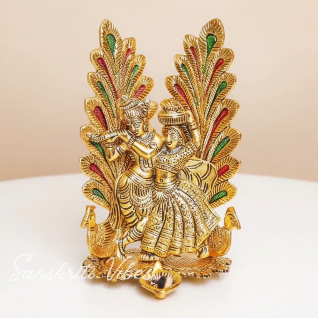 Dancing Radha Krishna with Peacock Decorative Showpiece 17 cm Aluminium Idol for Home Decor and Gifting