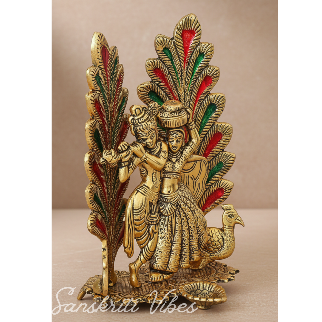 Dancing Radha Krishna with Peacock Decorative Showpiece 17 cm Aluminium Idol for Home Decor and Gifting