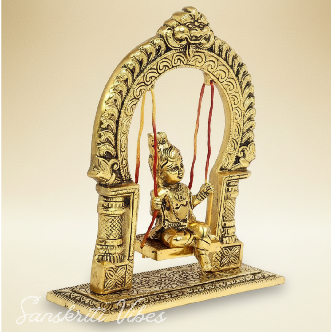 Bal Krishna Jhoola Showpiece for Gifting Metal Handicraft 9 Inches Aluminium Decorative Jhula Idol