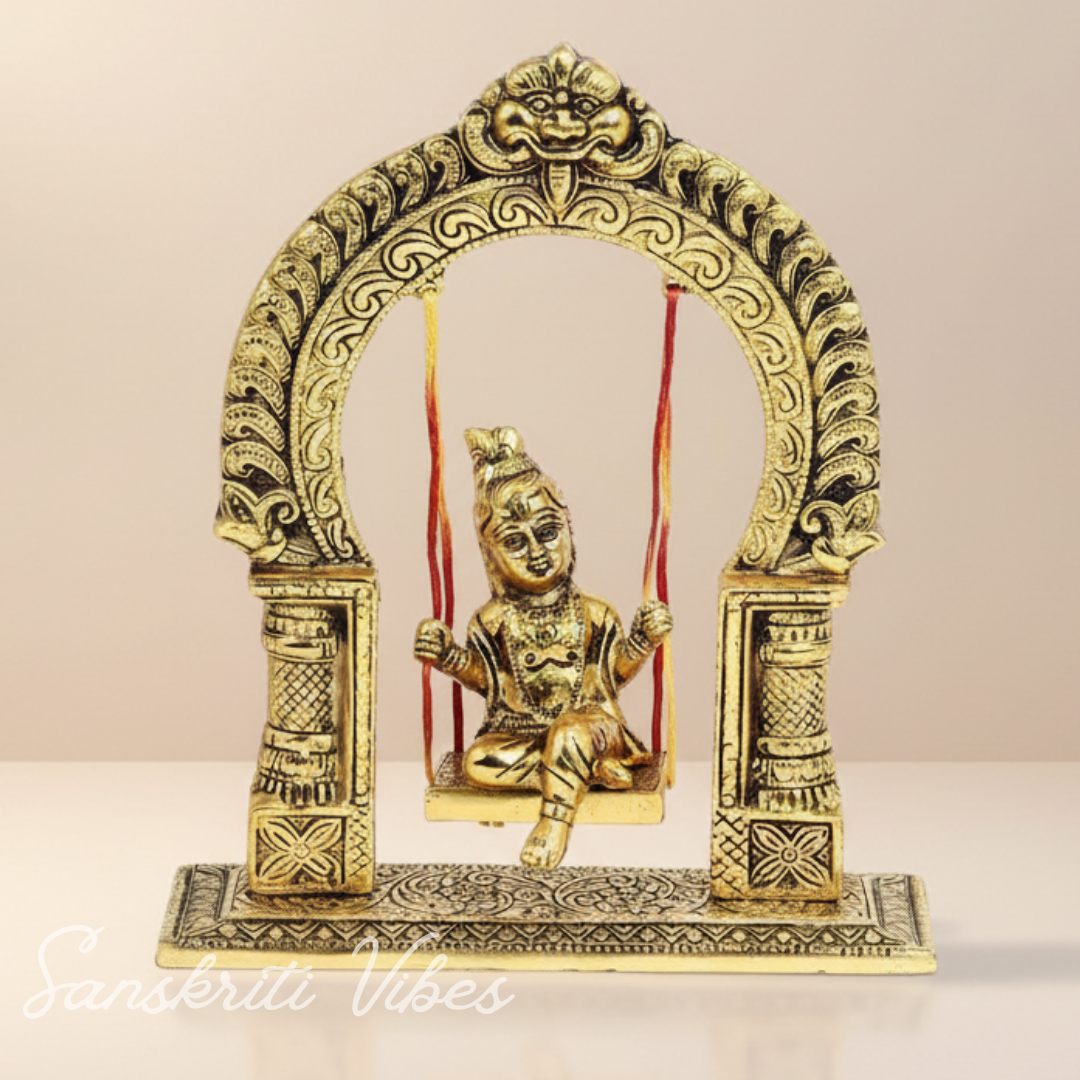 Bal Krishna Jhoola Showpiece for Gifting Metal Handicraft 9 Inches Aluminium Decorative Jhula Idol