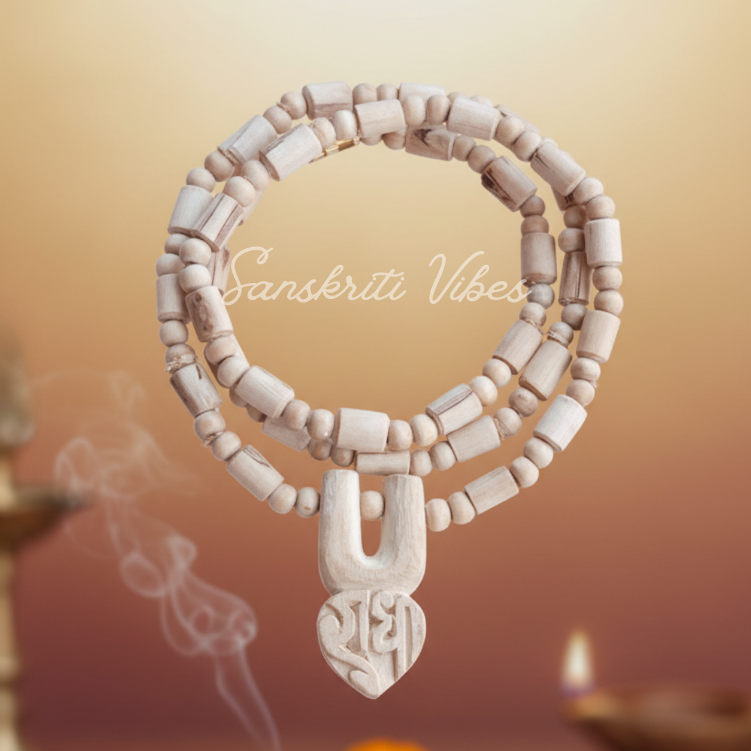 Shri Radha Tilak Design Tulsi Locket Neck Mala | Sacred Tulsi Beads Rosary for Devotion, Meditation & Spiritual Connection - Retail Maharaj