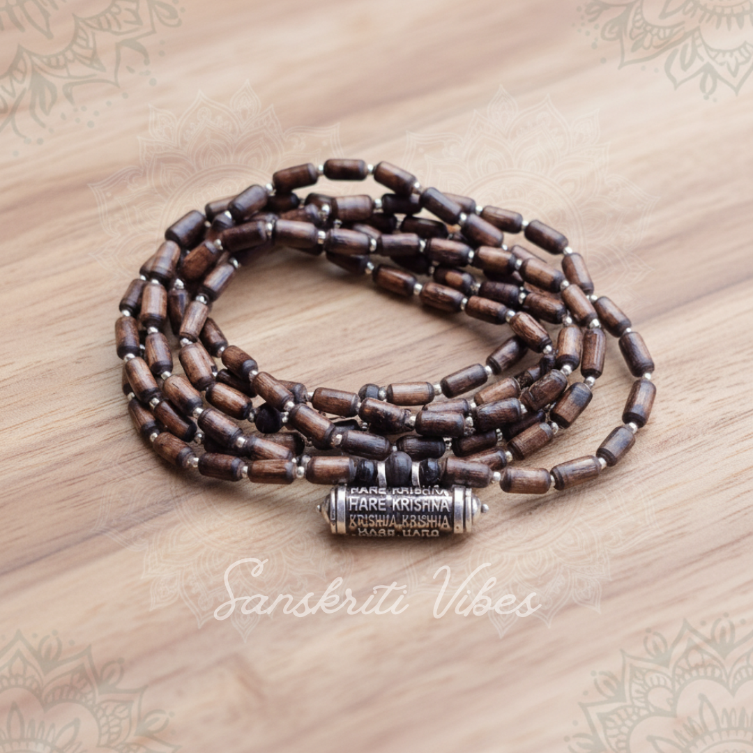 Tulsi Kanthi Mala Three Round with Silver Maha Mantra Kavach – 49 Inch 92.5% Pure Silver Barrel Beads Spiritual Jewelry - Retail Maharaj