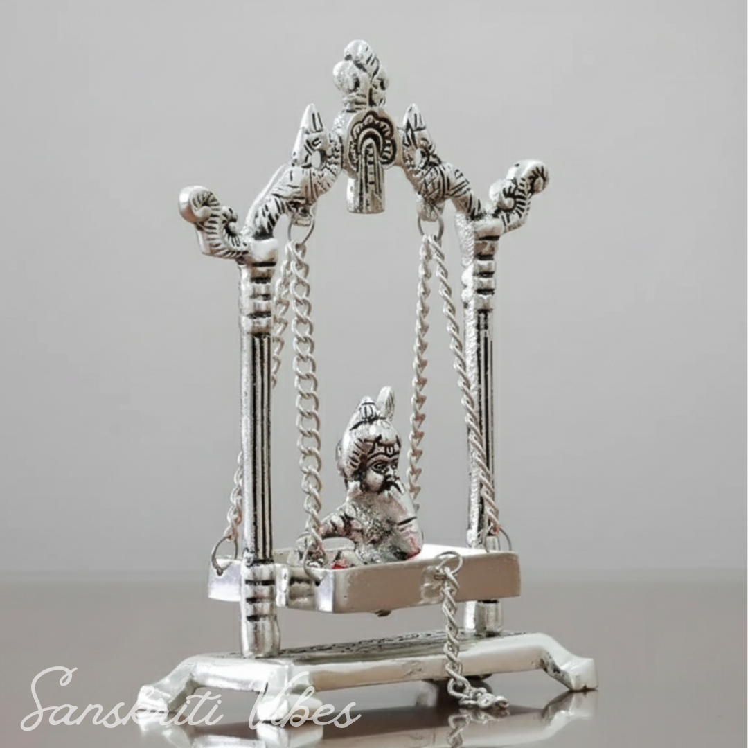 Laddu Gopal on Jhulla Palana Gold Plated Metal Statue Krishna Murti Showpiece for Home, Office Table & Car Dashboard Decor