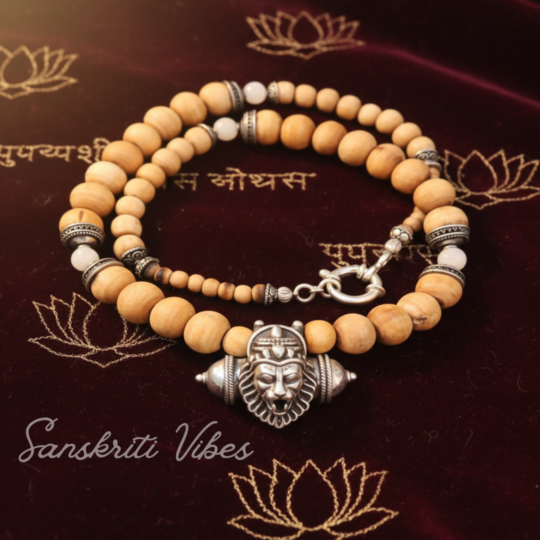 Sterling Silver Divine Narasimha Kavacha with Holy Tulsi Beads – 20 Inch 92.5% Pure Silver 10 mm Spiritual Mala - Retail Maharaj