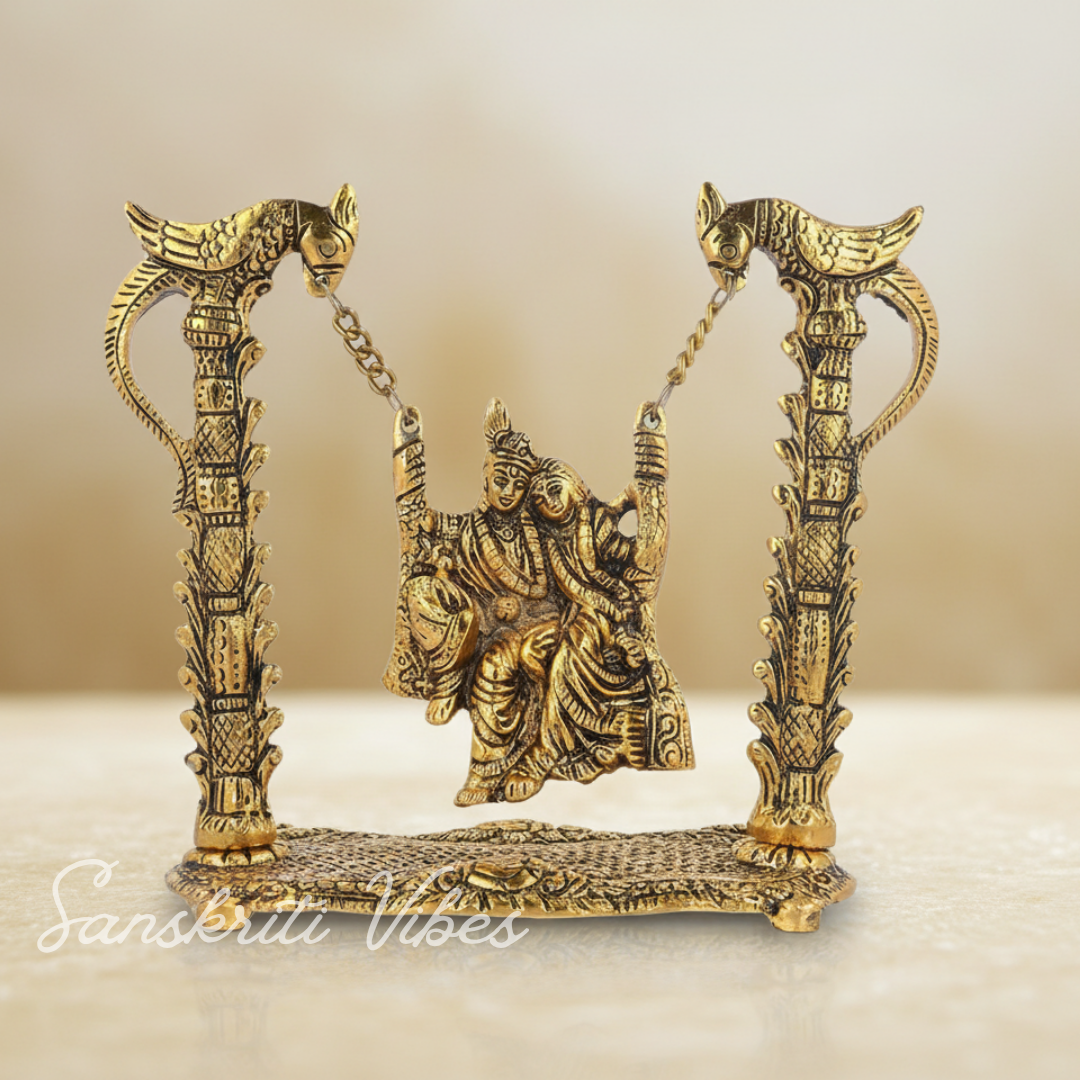 Radha Krishna on Swing Jhula Gold Plated Decorative Showpiece 19 cm Aluminium Idol for Home Decor and Gifting