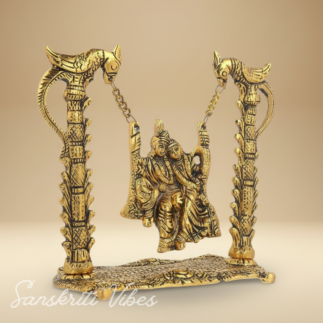 Radha Krishna on Swing Jhula Gold Plated Decorative Showpiece 19 cm Aluminium Idol for Home Decor and Gifting