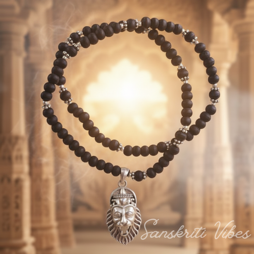 Silver Narasimha Kavach with Black Shyma Original Tulsi and Silver Cap Mala – 20 Inch 92.5% Pure Silver Spiritual Necklace - Retail Maharaj