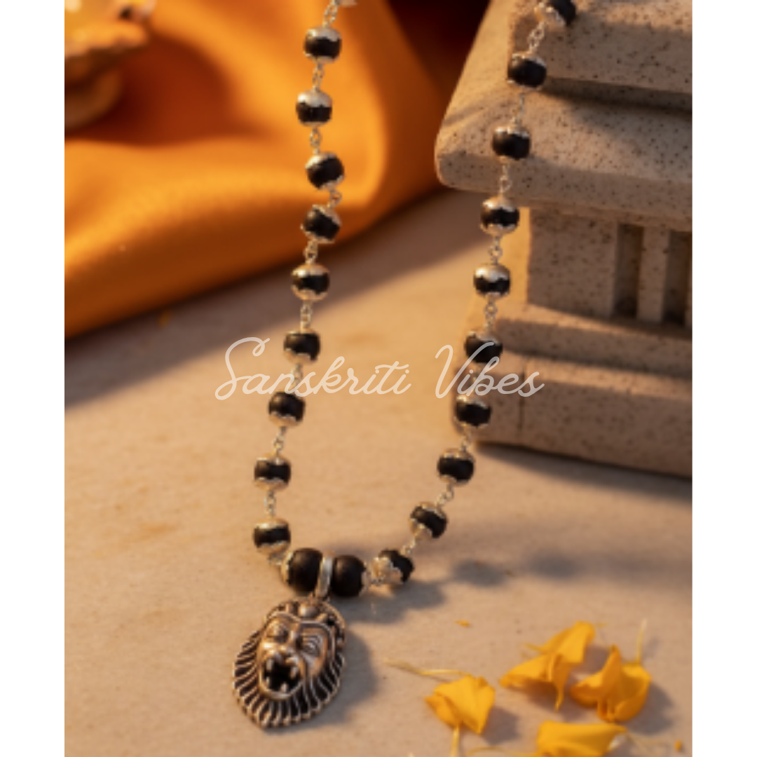 Narsingh Bhagwan Silver Locket with Silver Flower Cap Tulsi Beads Mala – 20 Inch 92.5% Pure Silver Devotional Necklace - Retail Maharaj