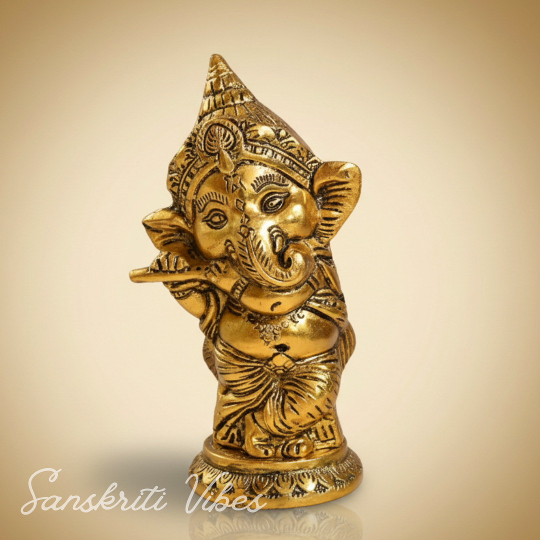 Golden Ganesha Playing Bansuri Ganesh Ji Idol For Gift Diwali Gift Set Home Decor Murti Decorative Showpiece 15 Cm Aluminium Handcrafted Ganpati Statue