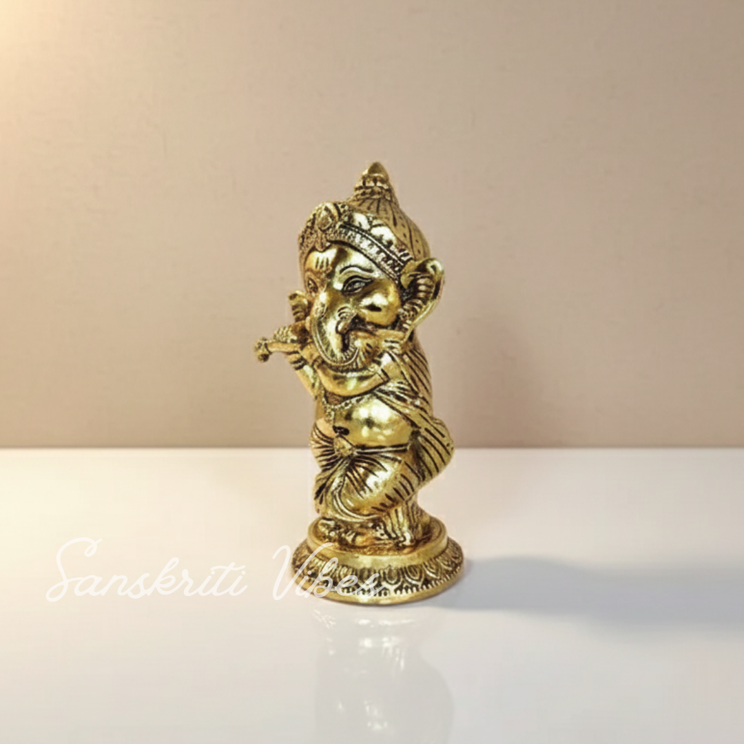Metal Ganesha Playing Flute Murti Aluminium Ganpati Statue For Home Decor Pooja Room And Gifting