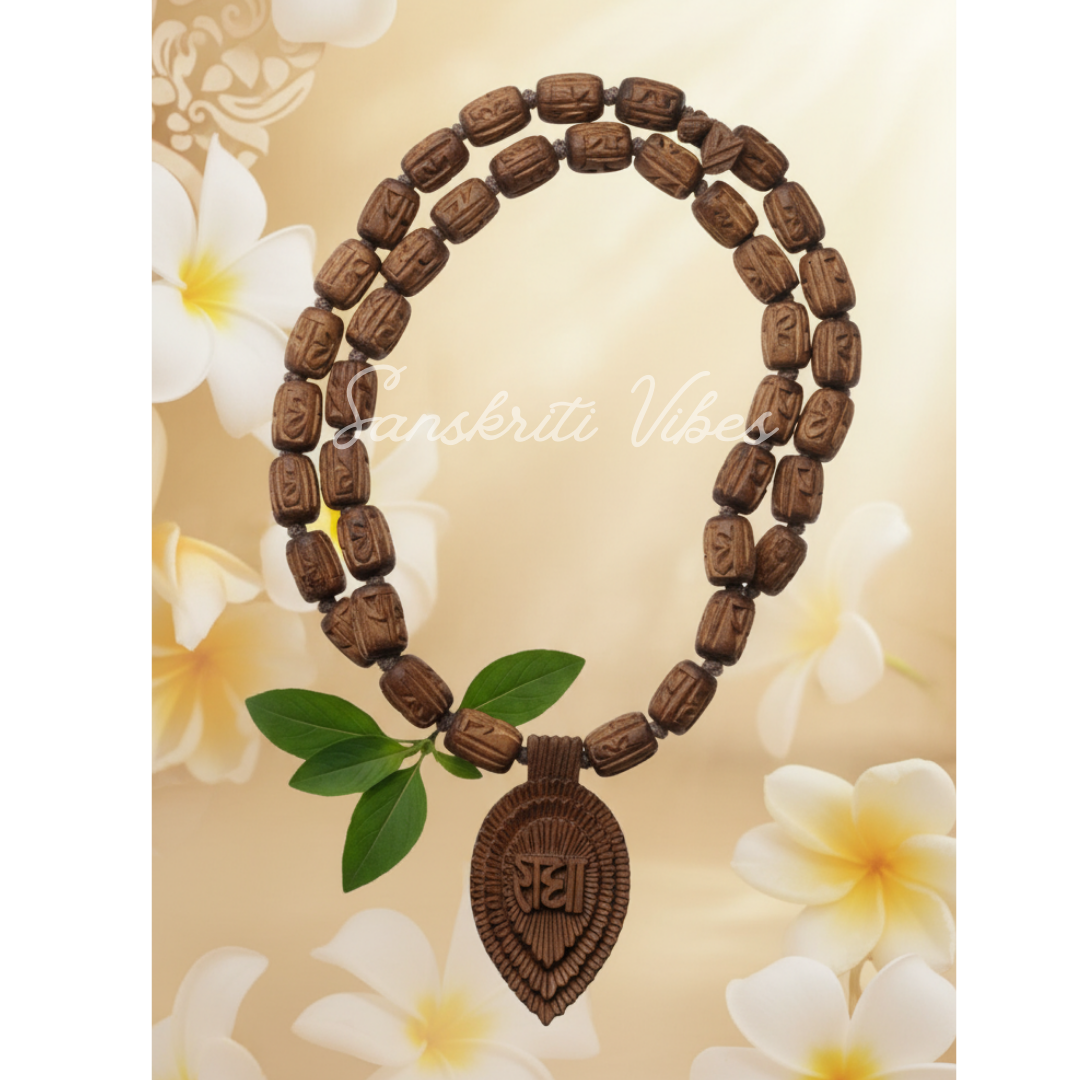 Radha Carved Tulsi Locket Traditional Design Mala – Sacred Prayer Beads for Devotion - Retail Maharaj