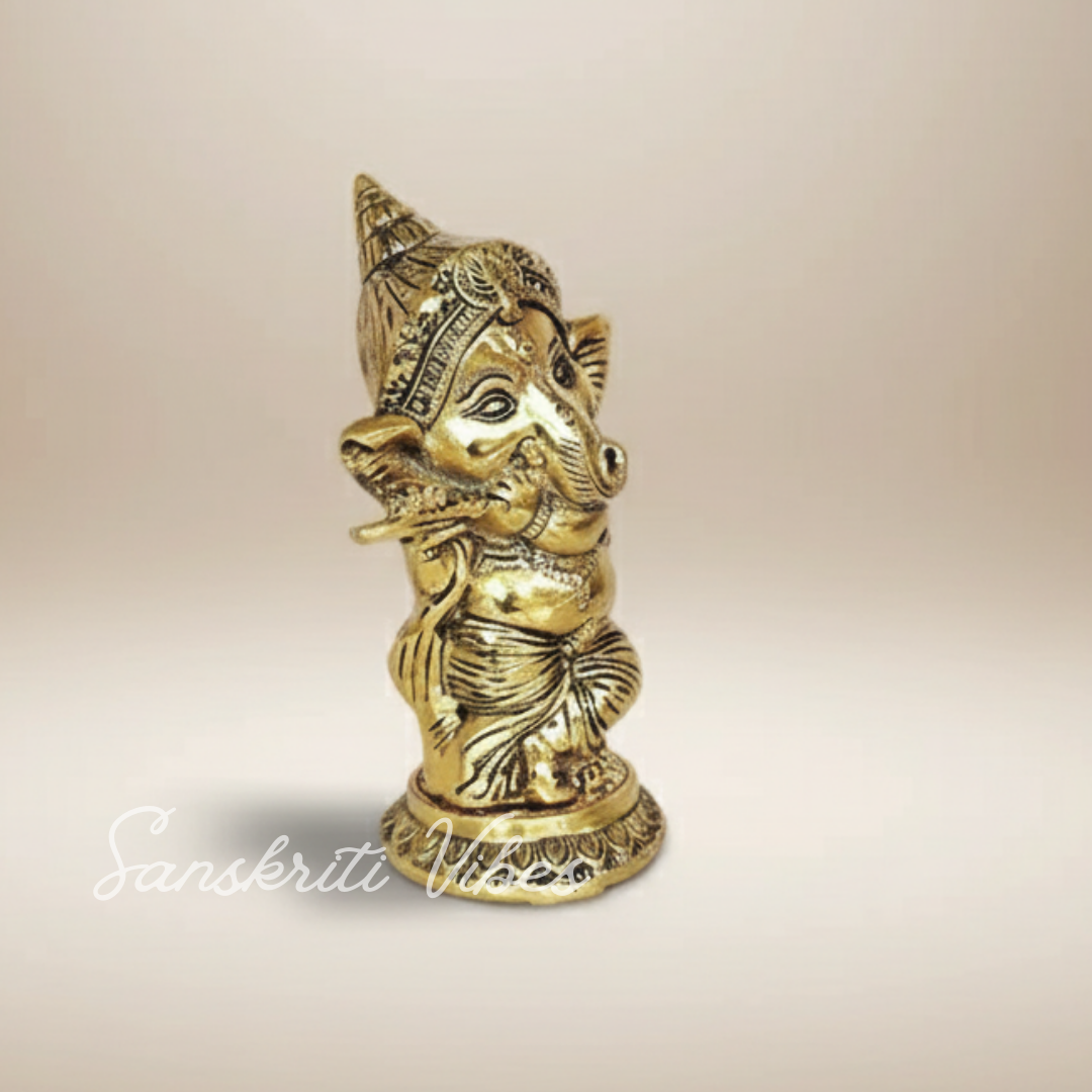 Metal Ganesha Playing Flute Murti Aluminium Ganpati Statue For Home Decor Pooja Room And Gifting