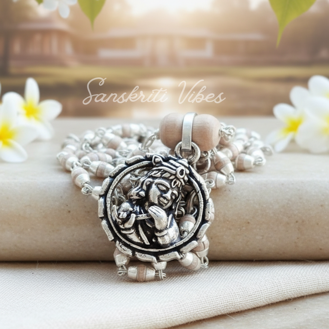 Krishna Silver Pendant in Tulsi Silver Mala – 24 Inch 92.5% Pure Silver Spiritual Necklace - Retail Maharaj