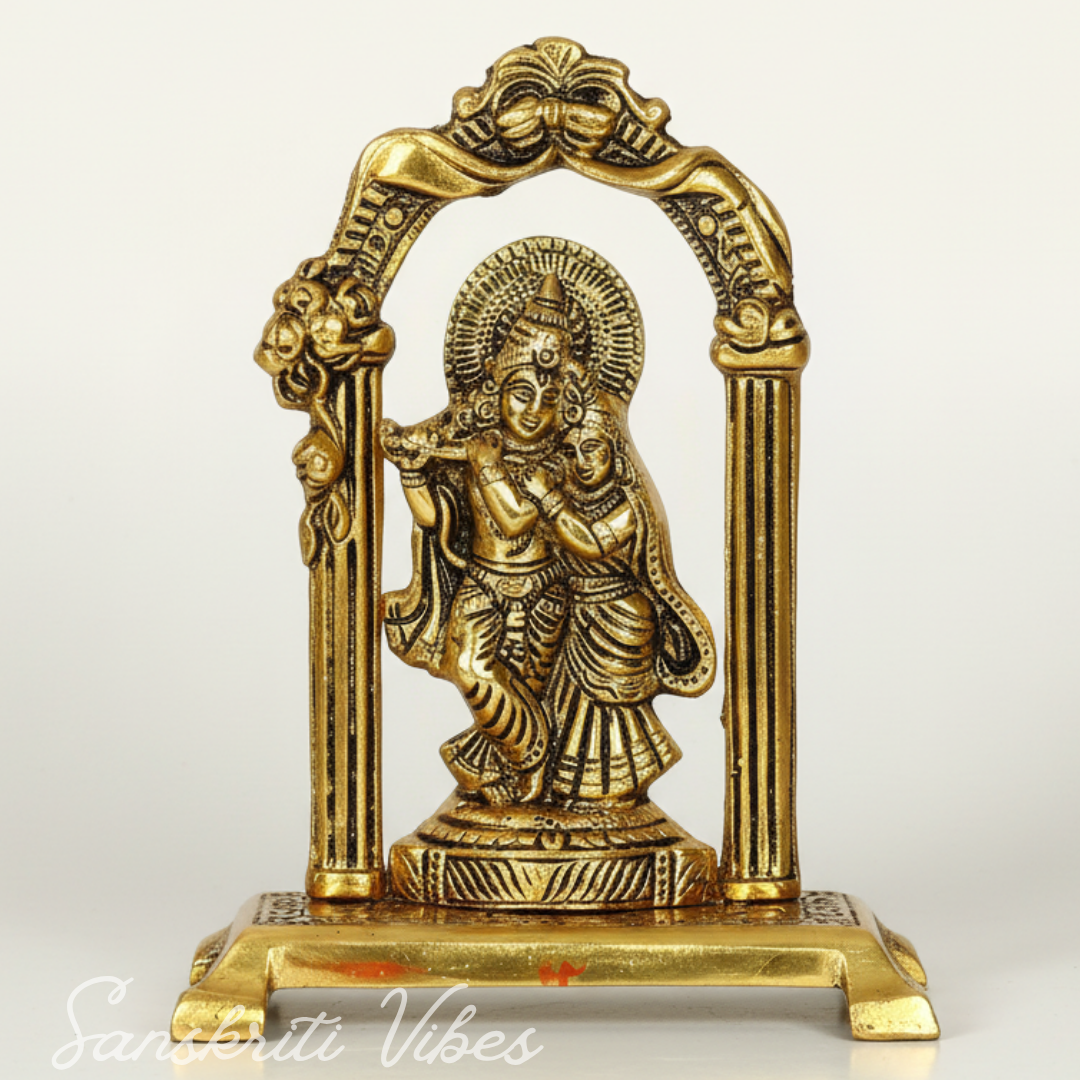 Radha Krishna Standing Under Mehrab – Glossy Aluminium Metal Handicraft Showpiece for Home Décor & Gifting |