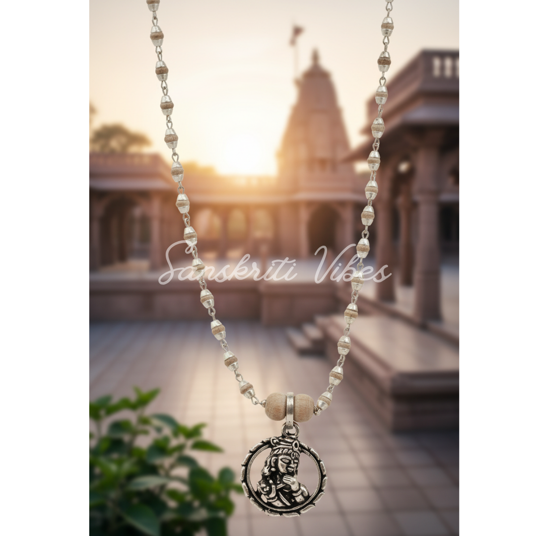 Krishna Silver Pendant in Tulsi Silver Mala – 24 Inch 92.5% Pure Silver Spiritual Necklace - Retail Maharaj