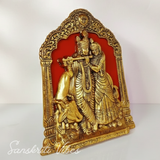 Golden Finish Radha Krishna Idol with Cow – Aluminium Showpiece for Table & Wall Hanging Decorative Home Décor