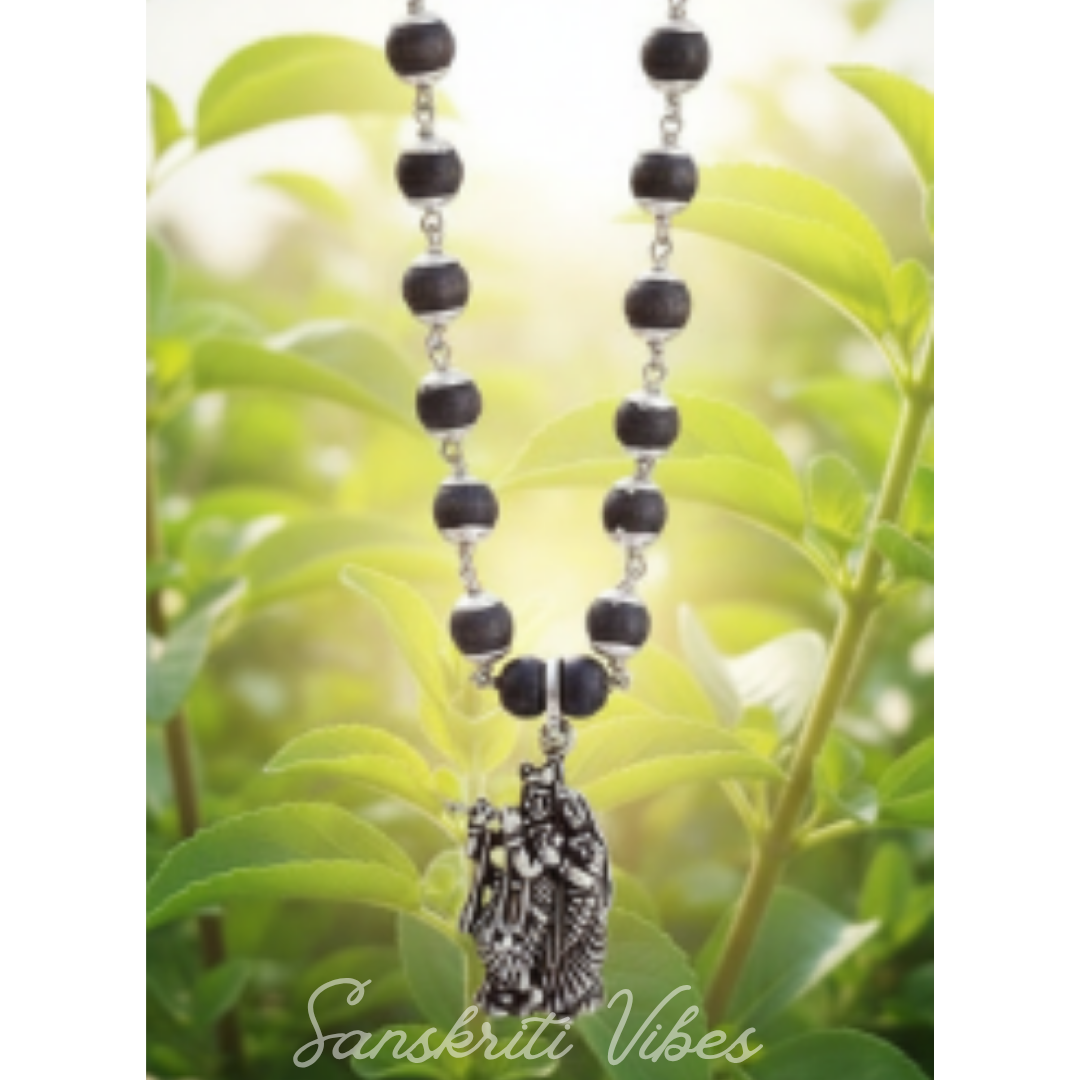 Jugal Jodi Silver Pendant with Black Silver Tulsi Chain Mala – 20 Inch 92.5% Pure Silver Devotional Necklace - Retail Maharaj