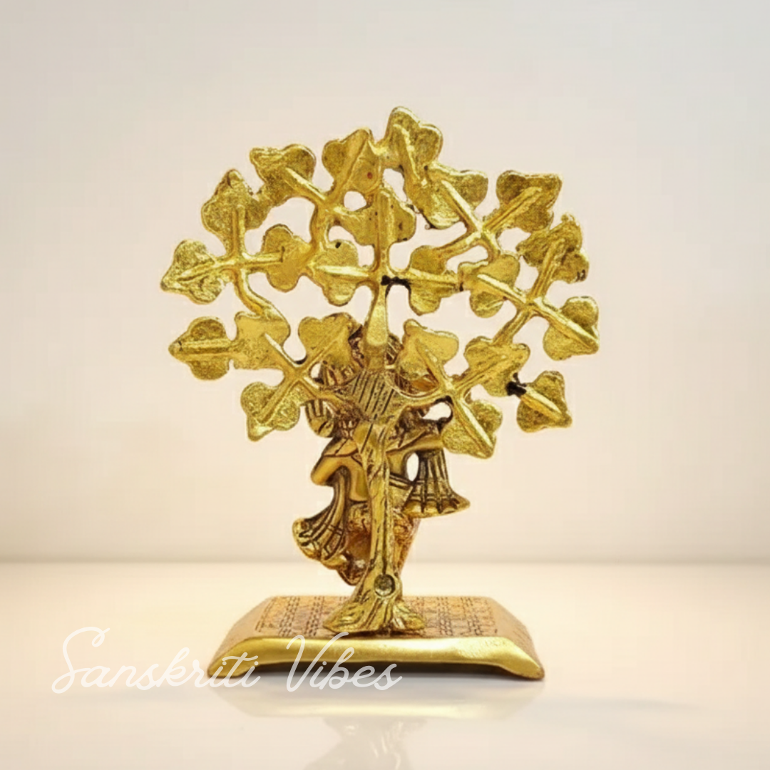 Metal Ganesha Statue Playing Damru Standing Under Tree Aluminium Ganpati Murti For Home Decor Pooja Room And Gift Purpose