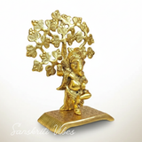 Metal Ganesha Statue Playing Damru Standing Under Tree Aluminium Ganpati Murti For Home Decor Pooja Room And Gift Purpose