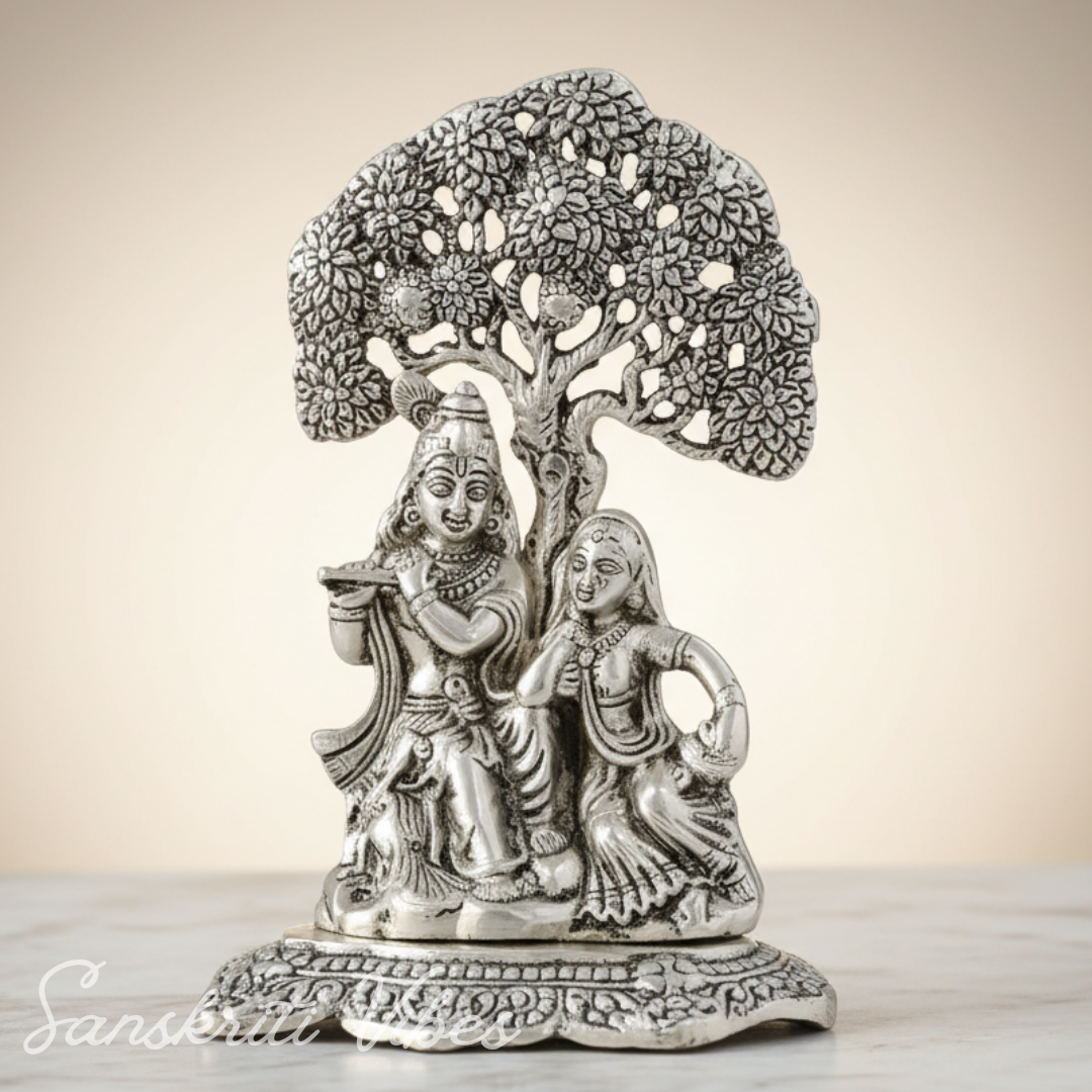 Metal Radha Krishna Idol Under Tree | Silver Decorative Showpiece Statue for Puja Room, Home & Office Desk – 18 cm Spiritual Gift