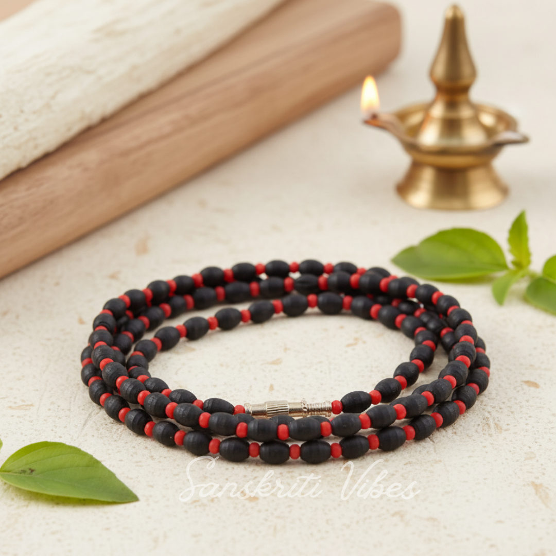 2 Round Dark Shyama Tulsi Beads and Orange Crystal Kanthi Mala – Eye Catching, Premium Quality