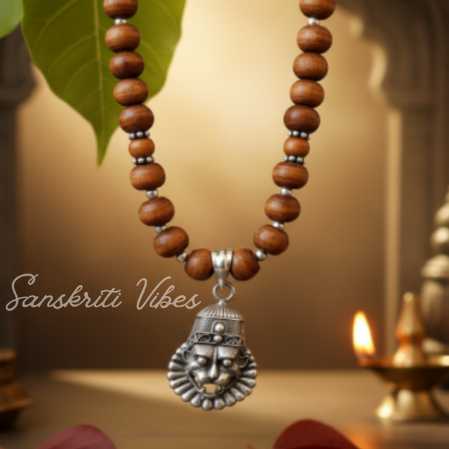 Silver Narasimha Locket Tulsi Kanthi Mala | Handcrafted Devotional Necklace with Original Tulsi Beads for Spiritual Protection - Retail Maharaj