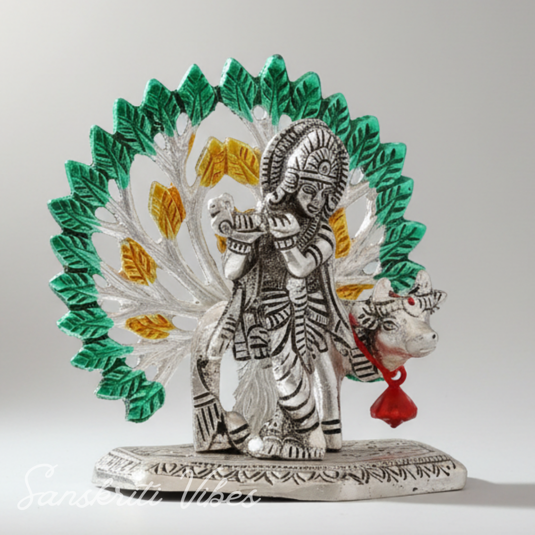 Silver-Plated Metal Kalpavriksha Tree with Cow & Krishna Idol | Home Decorative Religious Showpiece for Puja Room & Gifting