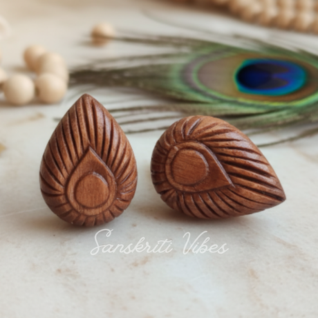 Handmade Peacock Feather Tulsi Studs – Unisex Spiritual Earrings with Intricate Carving - Retail Maharaj