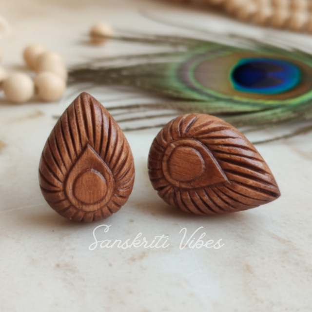 Handmade Peacock Feather Tulsi Studs – Unisex Spiritual Earrings with Intricate Carving - Retail Maharaj