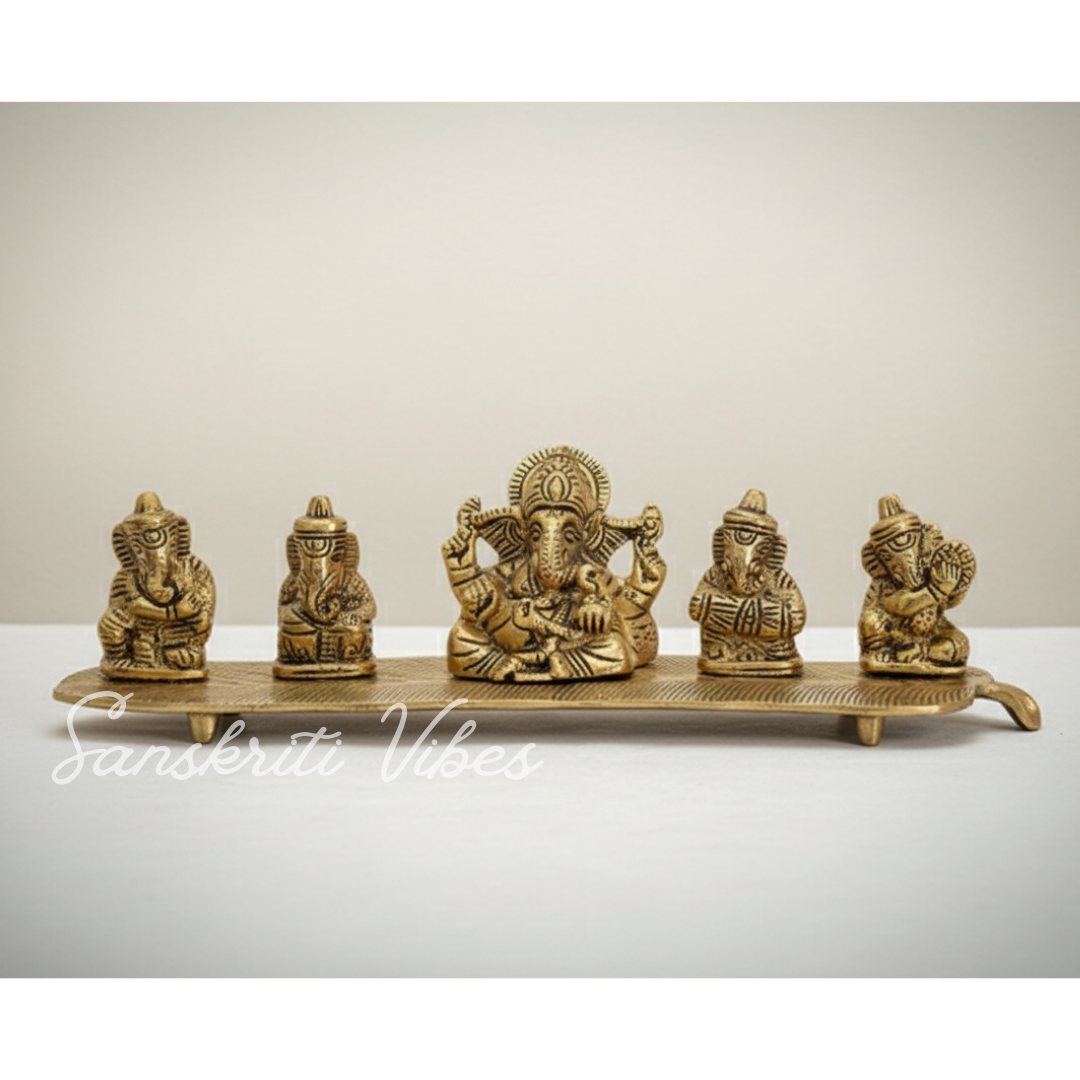 White Metal Gold Plated Ganesha On Leaf With Musical Instrument Metal Statue For Pooja Home Decor And Gift Purpose