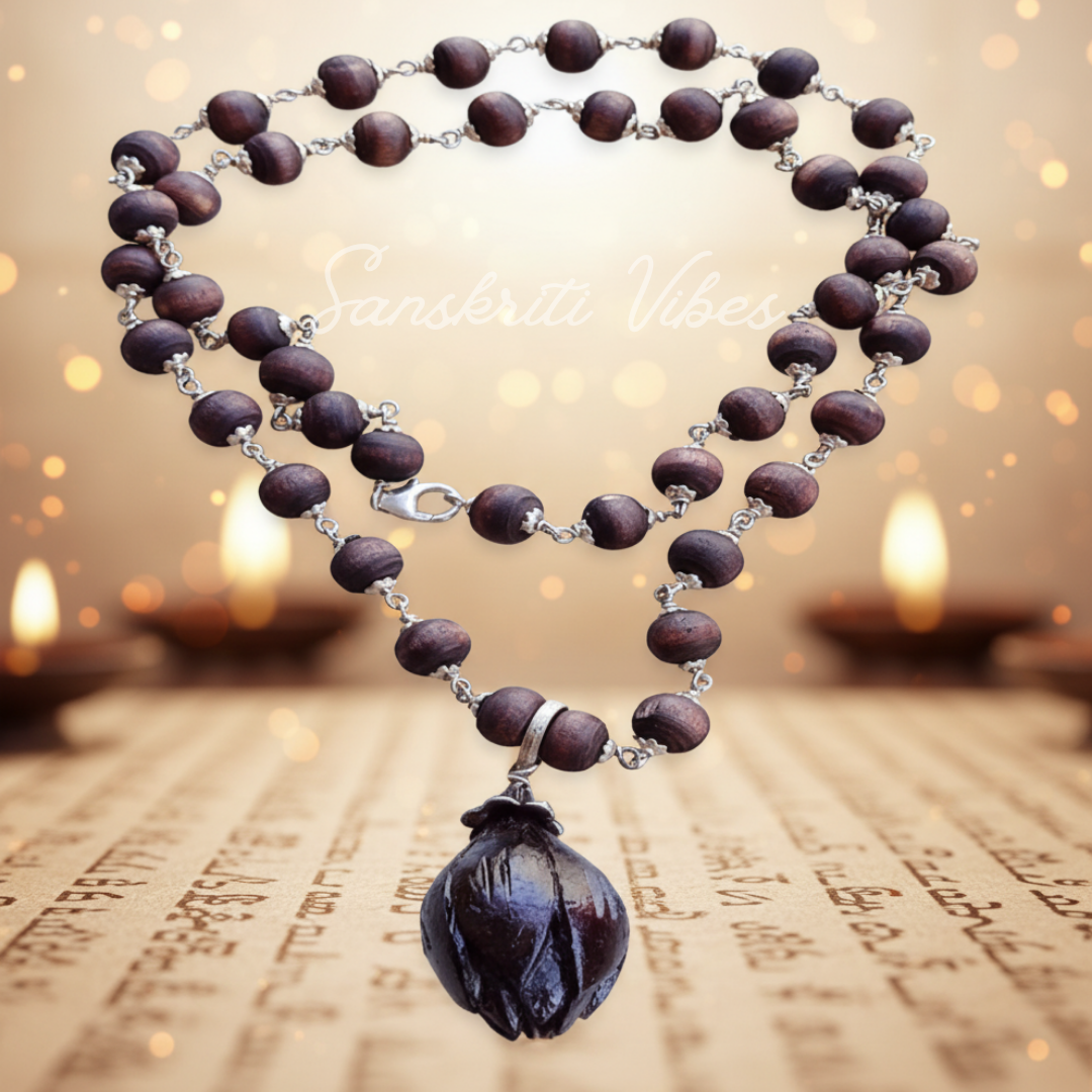 Lotus Beads Silver Tulsi Kanthi Necklace Mala | Handcrafted Spiritual Tulsi Devotional Necklace