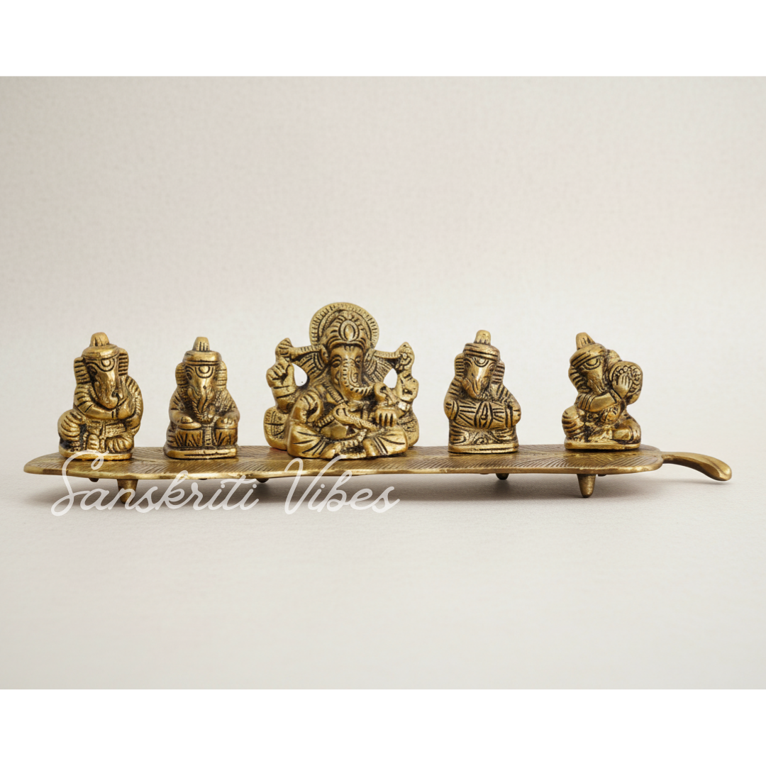 White Metal Gold Plated Ganesha On Leaf With Musical Instrument Metal Statue For Pooja Home Decor And Gift Purpose