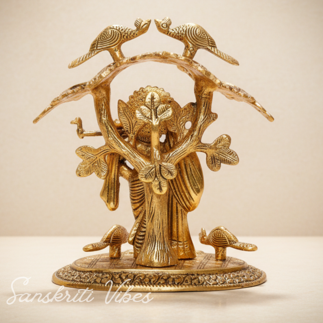Radha Krishna Standing Under Tree Playing Flute | Gold Antique Metal Idol Statue for Pooja Room & Home Décor